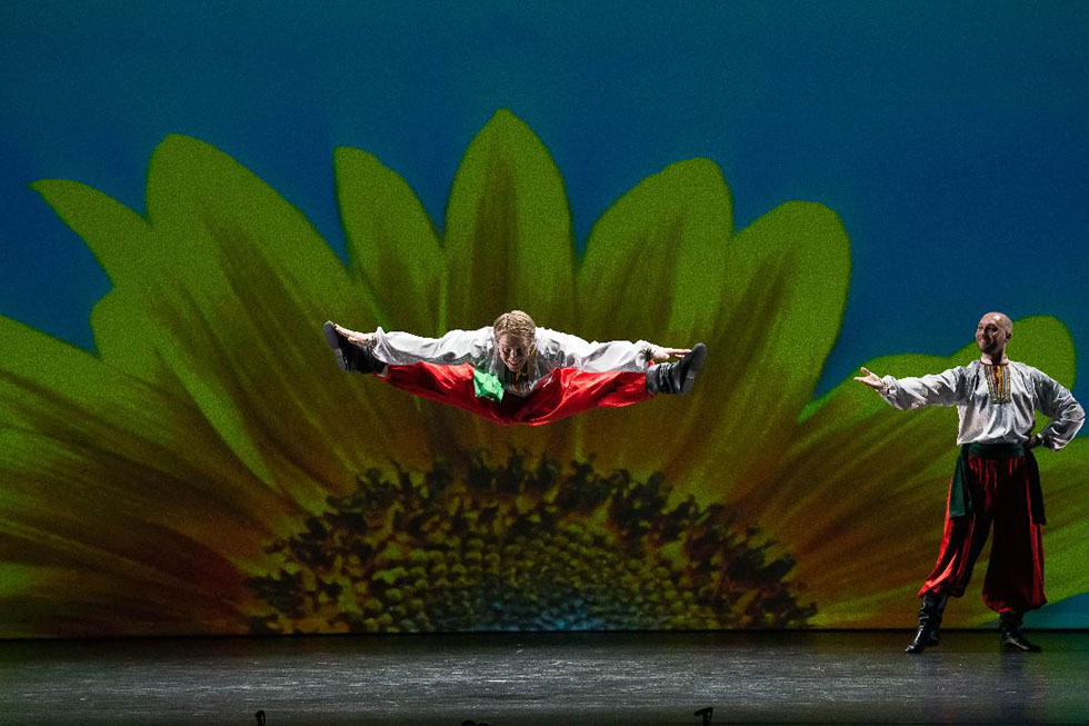 Kozak Ukrainian dancers, singers, musicians, 12-16-2023, The Brooklyn Nutcracker, Kings Theatre, Brooklyn, NY, dancer Arsentii Oskin, dancer Vladimir Nikitin, Mikhail Smirnov (button accordion)