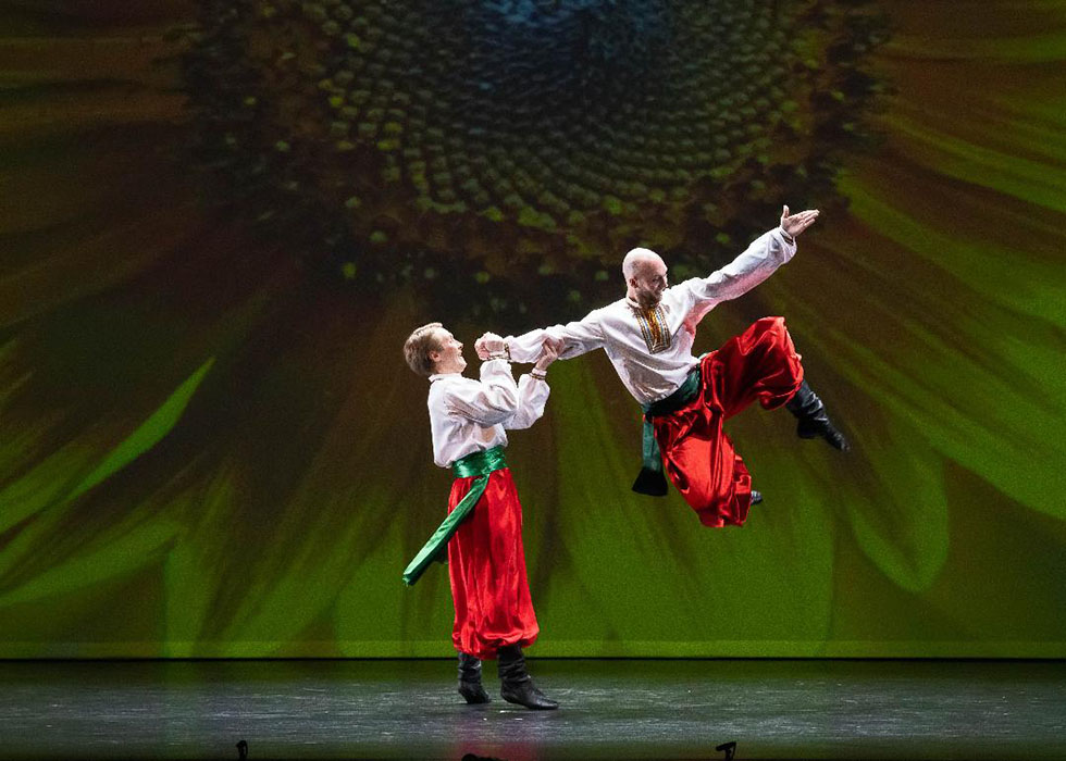 Kozak Ukrainian dancers, singers, musicians, 12-16-2023, The Brooklyn Nutcracker, Kings Theatre, Brooklyn, NY, dancer Arsentii Oskin, dancer Vladimir Nikitin, Mikhail Smirnov (button accordion)