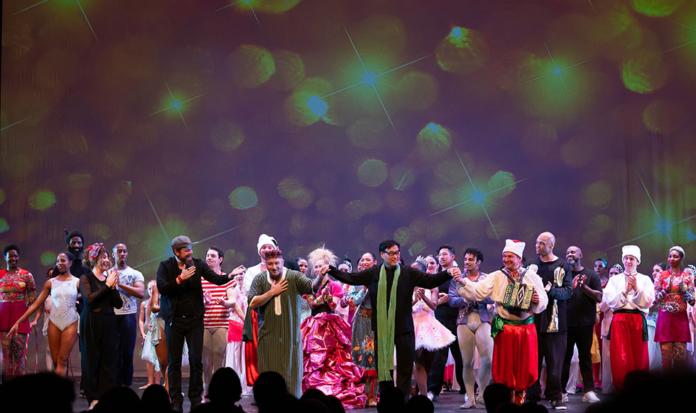 Kozak Ukrainian dancers, singers, musicians, 12-16-2023, The Brooklyn Nutcracker, Kings Theatre, Brooklyn, NY, dancer Arsentii Oskin, dancer Vladimir Nikitin, Mikhail Smirnov (button accordion)